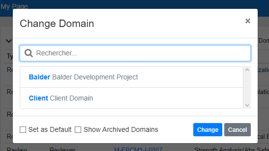 Example of Change Domain modal